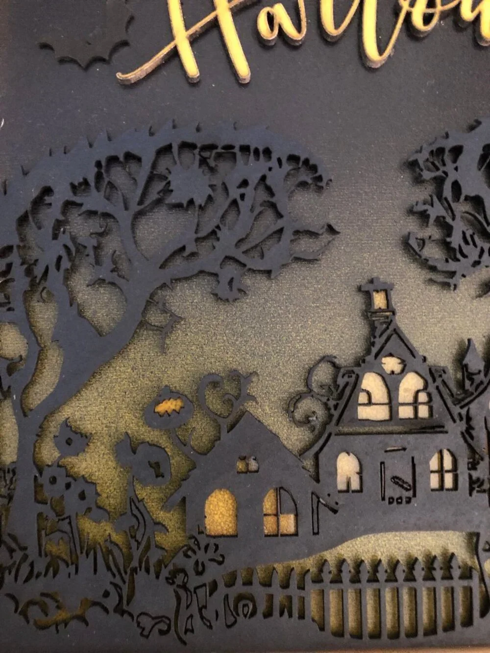 Halloween Hanging Wall Art: Spooky Haunted House with Flying Bats, Handmade